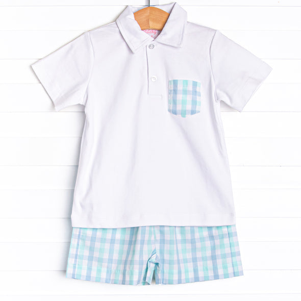 Look to the Sea Boy Short Set, Mint/Blue Check