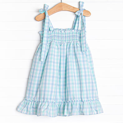 Look to the Sea Smocked Top Dress, Mint/Blue Check
