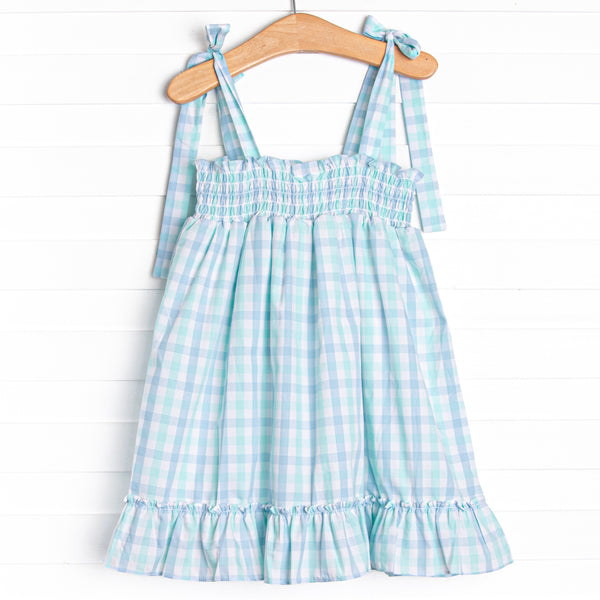 Look to the Sea Smocked Top Dress, Mint/Blue Check