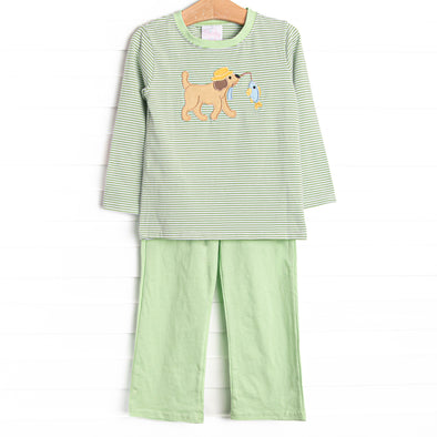 Fishing Hole Friend Applique Pant Set, Green