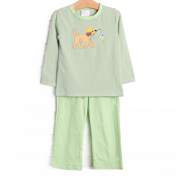 Fishing Hole Friend Applique Pant Set, Green