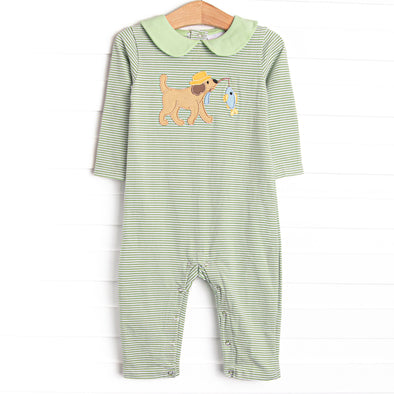 Fishing Hole Friend Applique Romper, Green