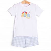 This set&nbsp; features a short sleeve top with beach applique and blue check print shorts to match.