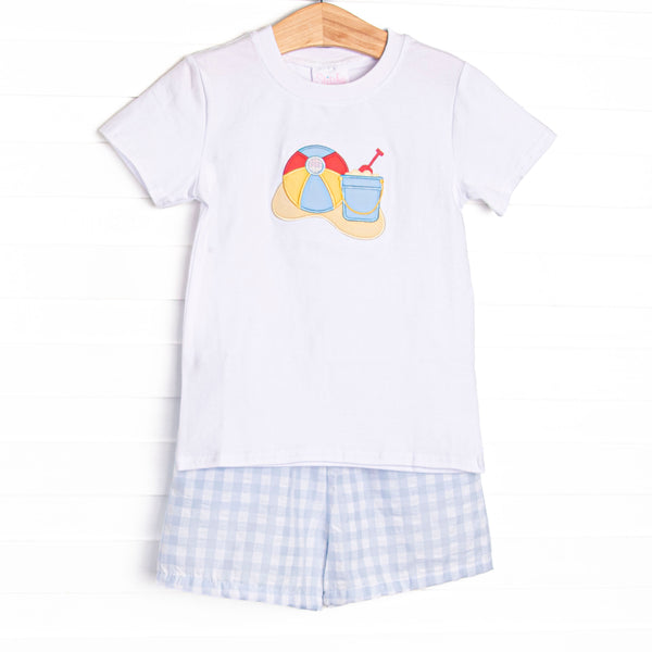 This set&nbsp; features a short sleeve top with beach applique and blue check print shorts to match.