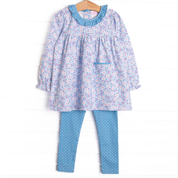 Denim Dot Daisies Legging Set, Blue