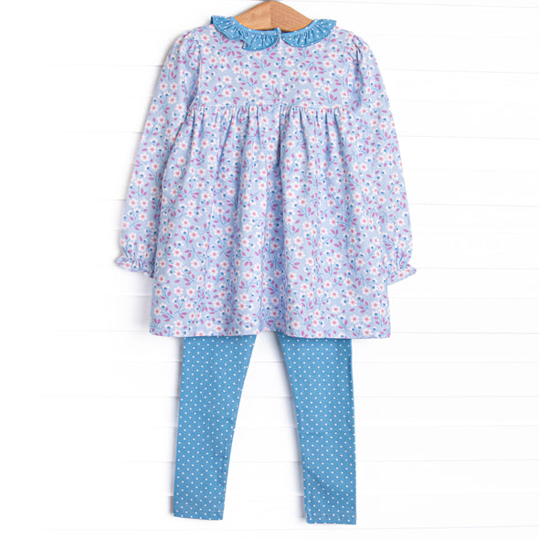 Denim Dot Daisies Legging Set, Blue
