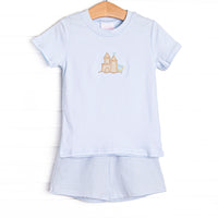  This set features a blue top with a sandcastle appliques and blue striped shorts to match. 