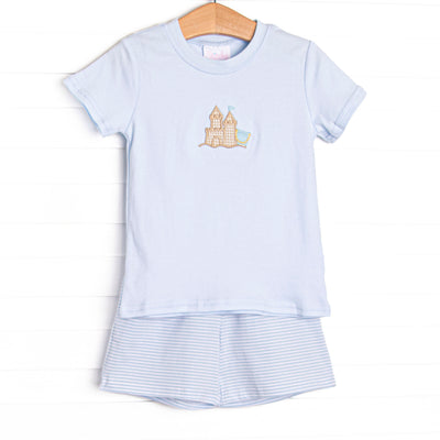  This set features a blue top with a sandcastle appliques and blue striped shorts to match. 