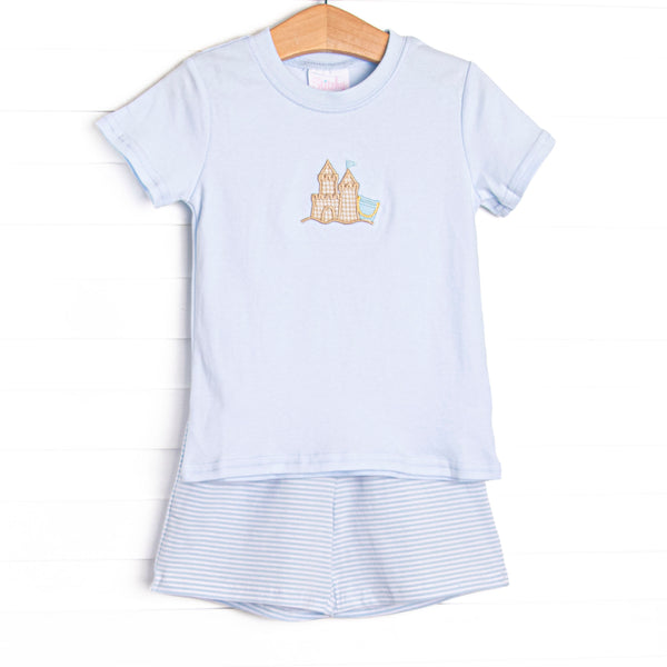  This set features a blue top with a sandcastle appliques and blue striped shorts to match. 