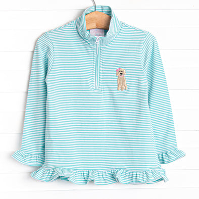 Puppy Embroidered Ruffle Pullover, Mint Stripe