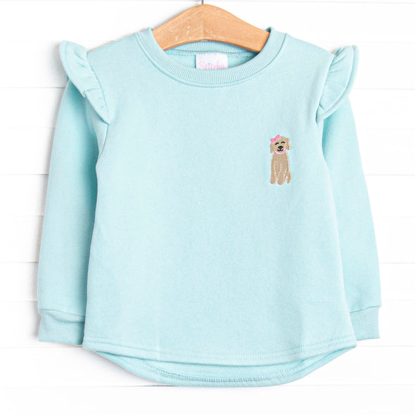 Puppy Embroidered Flutter Sleeve Sweatshirt, Mint