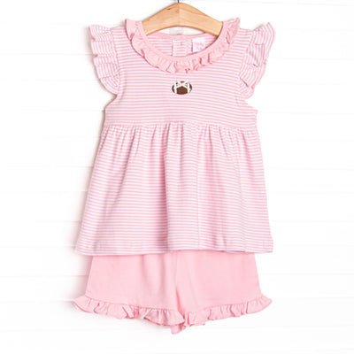  This precious set features pink stripes, a football embroidery, and the softest Pima cotton. 