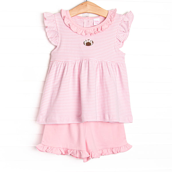  This precious set features pink stripes, a football embroidery, and the softest Pima cotton. 