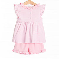 Football Pima Embroidered Ruffle Short Set, Pink