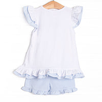 White Cap Waves Embroidered Ruffle Short Set, Blue