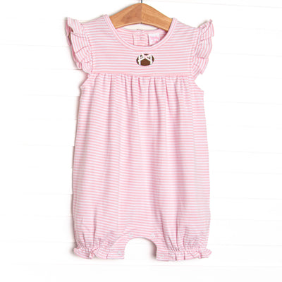 This precious bubble romper features pink stripes, a football embroidery, and the softest Pima cotton.