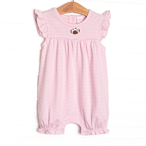 This precious bubble romper features pink stripes, a football embroidery, and the softest Pima cotton.