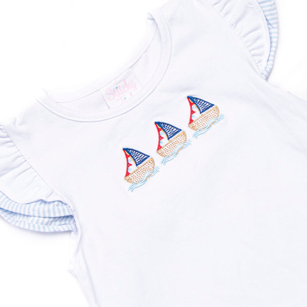 White Cap Waves Embroidered Ruffle Short Set, Blue
