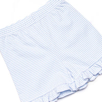 White Cap Waves Embroidered Ruffle Short Set, Blue