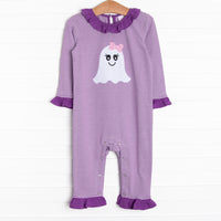 Ghoul Friend Applique Ruffle Romper, Purple