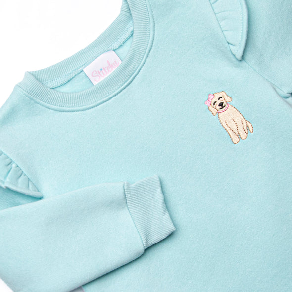 Puppy Embroidered Flutter Sleeve Sweatshirt, Mint