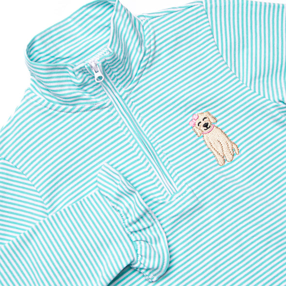 Puppy Embroidered Ruffle Pullover, Mint Stripe