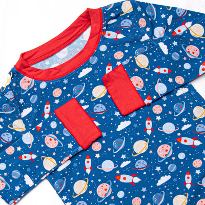 Outer Space Adventure Bamboo Pajama Set, Blue
