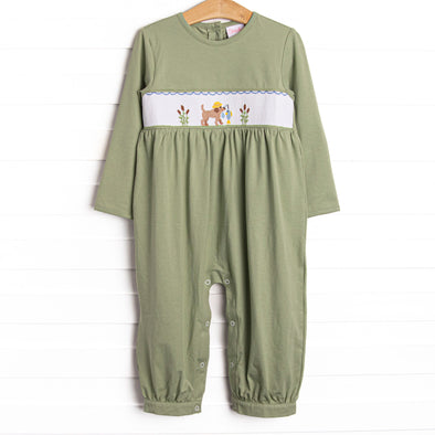 Fishing Hole Friend Smocked Romper, Green