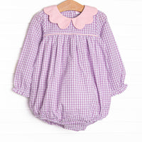  This bubble features a purple gingham print, pink scalloped peter pan collar, and pink trim. 