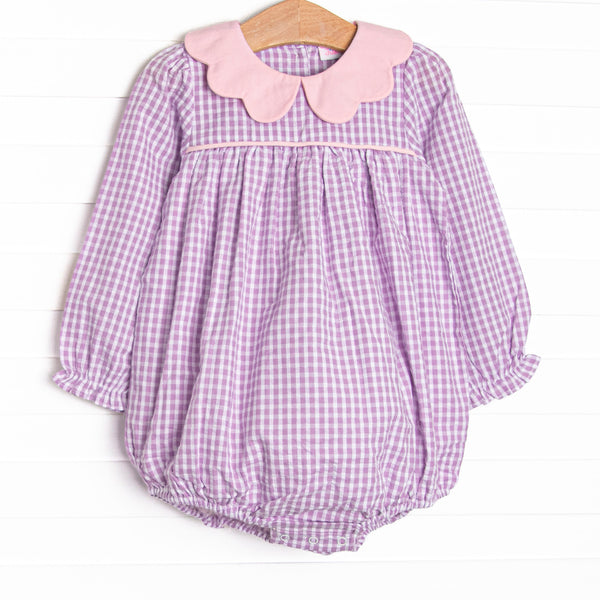  This bubble features a purple gingham print, pink scalloped peter pan collar, and pink trim. 