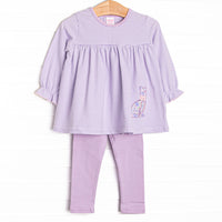 This set features a purple striped top with a floral kitten applique and purple leggings to match.