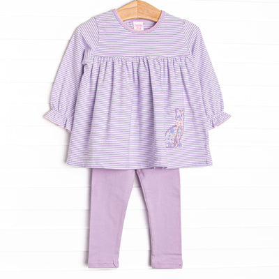 This set features a purple striped top with a floral kitten applique and purple leggings to match.
