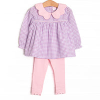 This set features a purple gingham print, pink scalloped peter pan collar, and pink leggings to match.