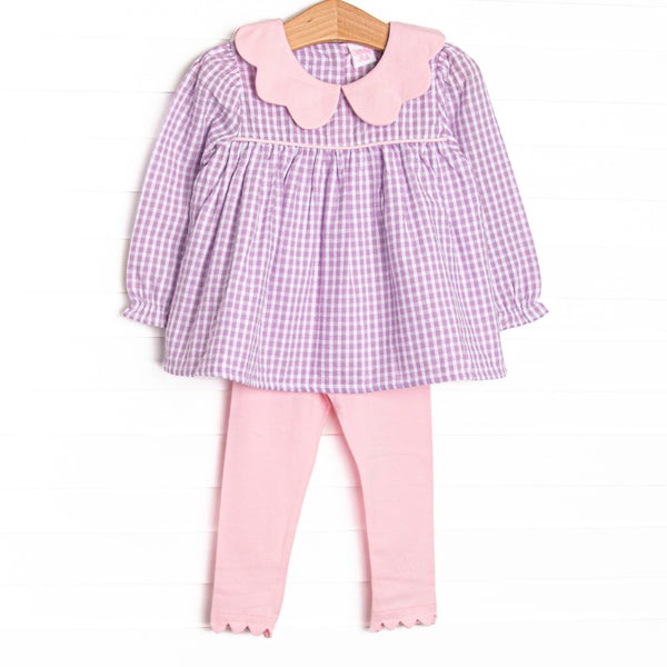 This set features a purple gingham print, pink scalloped peter pan collar, and pink leggings to match.