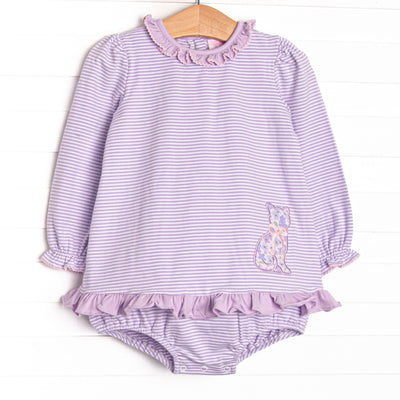  This bubble features a purple striped print, a floral kitten applique and purple ruffle details. 