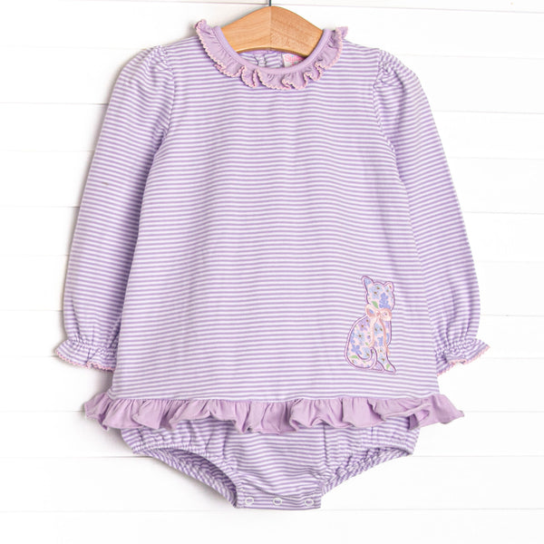  This bubble features a purple striped print, a floral kitten applique and purple ruffle details. 
