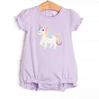 This bubble features a purple striped print, puff sleeves, and&nbsp; an unicorn applique.&nbsp;
