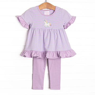 This set features a purple striped puff sleeve top with purple ruffle trim and an unicorn applique. Coordinating purple leggings to match.
