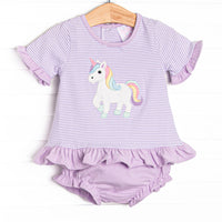  This set features a purple striped puff sleeve top with purple ruffle trim and an unicorn applique. Coordinating purple diaper cover to match. 