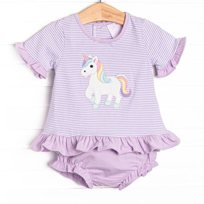  This set features a purple striped puff sleeve top with purple ruffle trim and an unicorn applique. Coordinating purple diaper cover to match. 