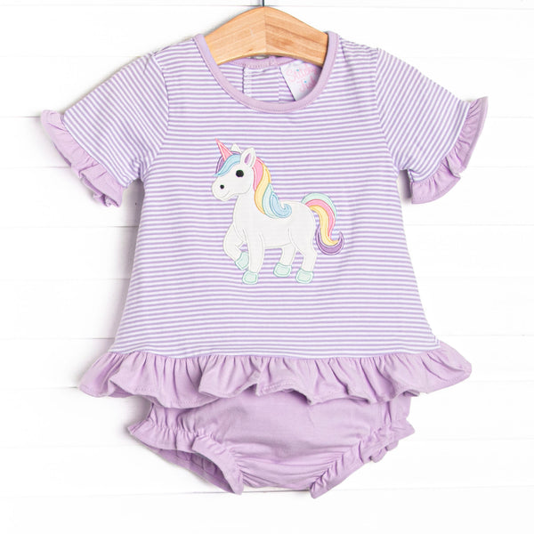  This set features a purple striped puff sleeve top with purple ruffle trim and an unicorn applique. Coordinating purple diaper cover to match. 