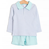 The long sleeve polo shirt boasts a fun, light blue striped front pocket and is perfectly paired with comfy and classic mint green shorts. This precious 100% Pima Cotton set