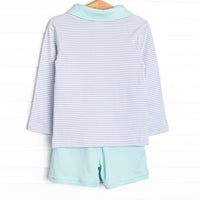 Preston Long Sleeve Pima Polo Short Set, Mint and Light Blue Stripe