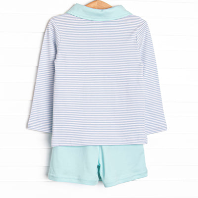 Preston Long Sleeve Pima Polo Short Set, Mint and Light Blue Stripe