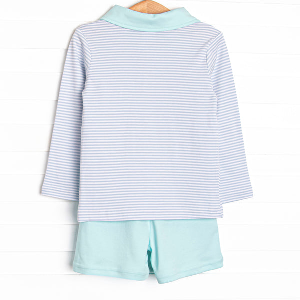 Preston Long Sleeve Pima Polo Short Set, Mint and Light Blue Stripe