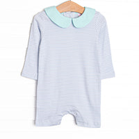  The romper features sweet blue stripes, extremely soft Pima cotton, and a mint green Peter Pan Collar. 