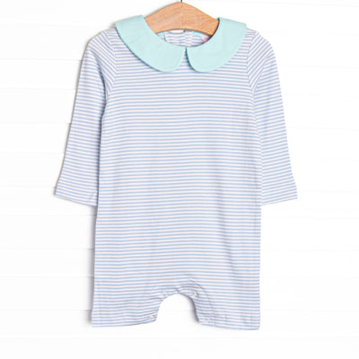  The romper features sweet blue stripes, extremely soft Pima cotton, and a mint green Peter Pan Collar. 