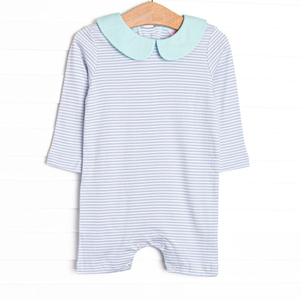  The romper features sweet blue stripes, extremely soft Pima cotton, and a mint green Peter Pan Collar. 