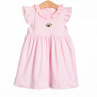  This precious dress features pink stripes, a football embroidery, and the softest Pima cotton. 