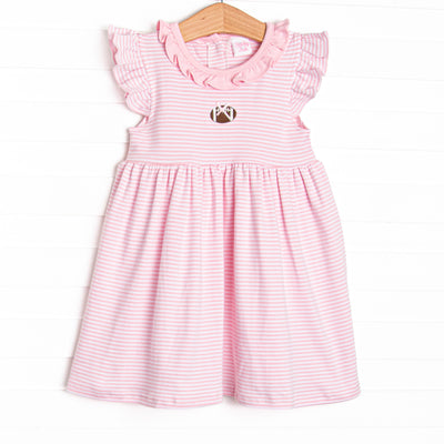  This precious dress features pink stripes, a football embroidery, and the softest Pima cotton. 